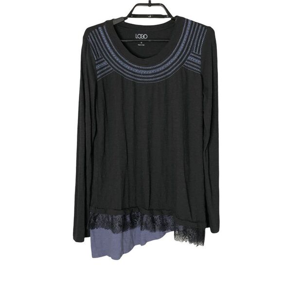 LOGO Lori Goldstein Black Asymmetrical Lace Long Sleeve Tee - Picture 8 of 8